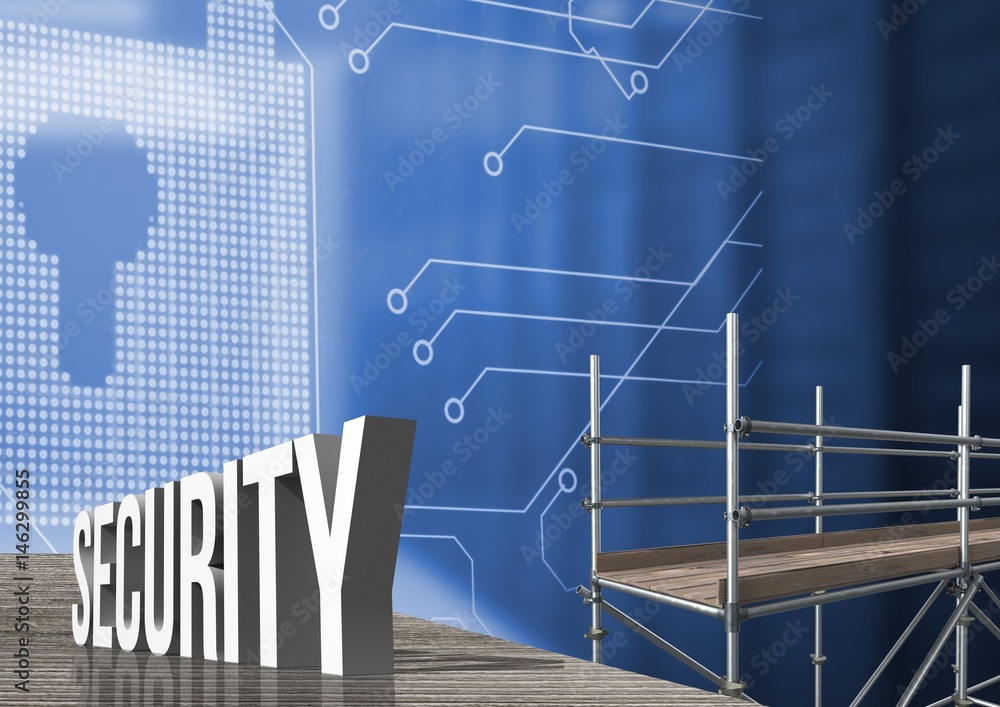 Poster security text with 3d scaffolding and lock interface