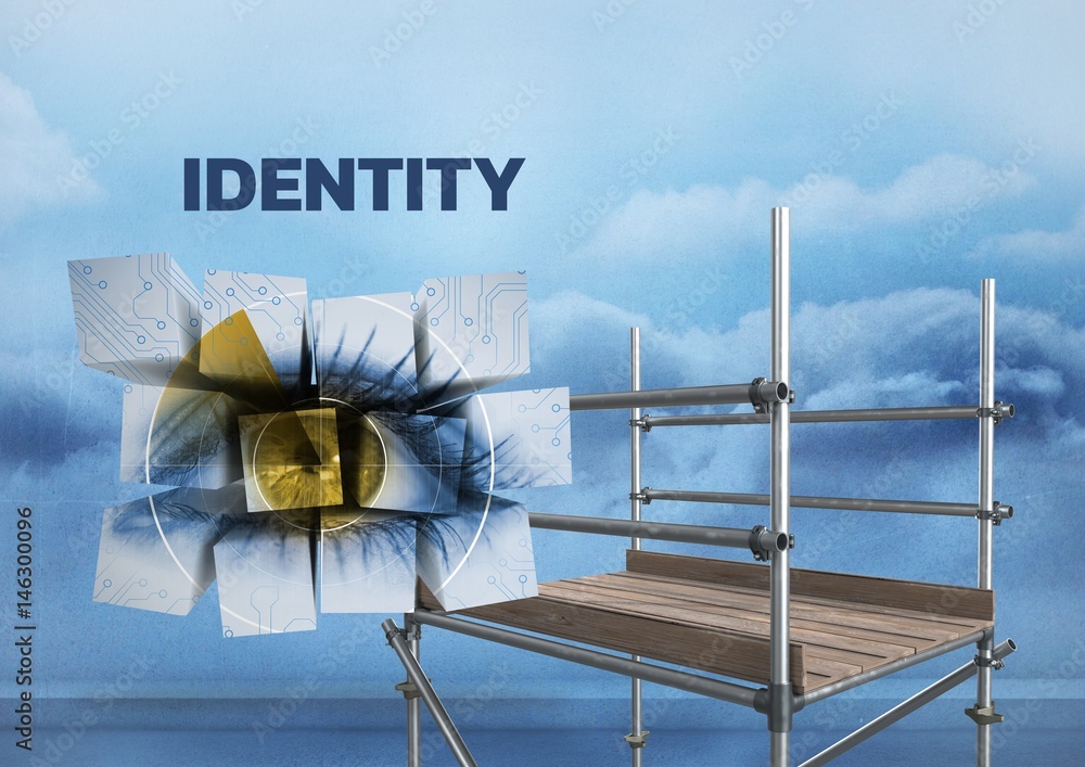 Poster identity text with 3d scaffolding and eye in blocks