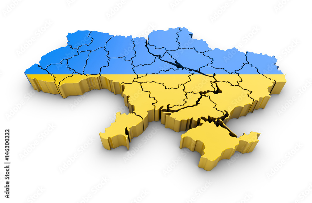 Poster map of ukraine with flag and shadow on white background. 3d rendering.