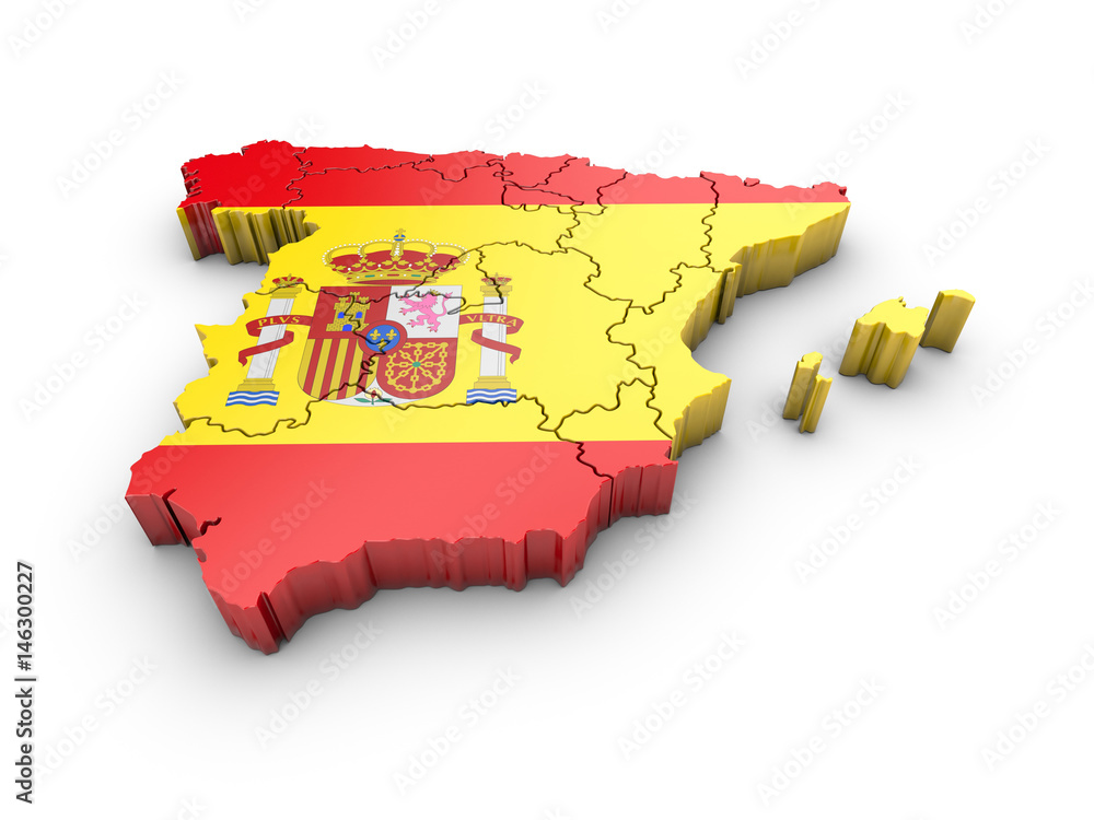 Poster map of spain with flag and shadow on white background. 3d rendering.