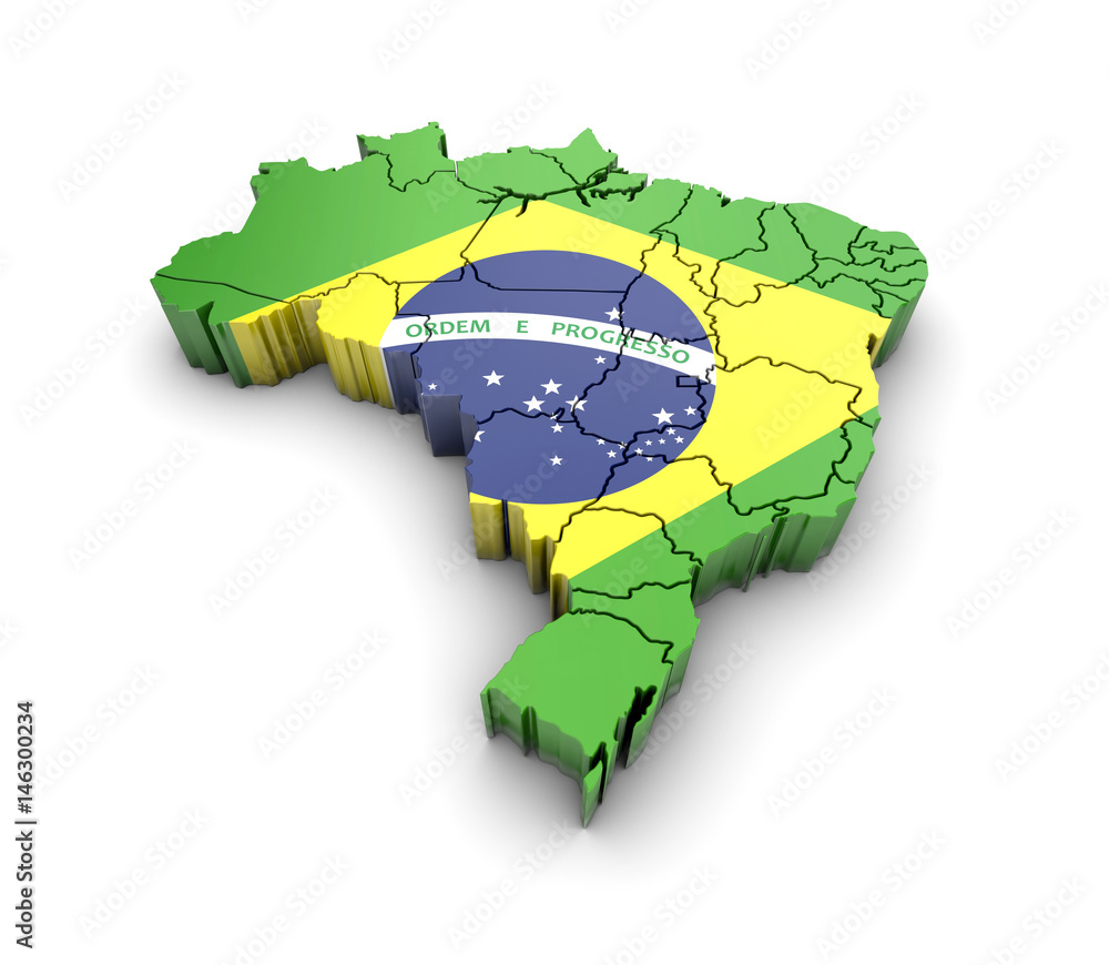 Aufkleber brazil map with flag and shadow on white background. 3d rendering.