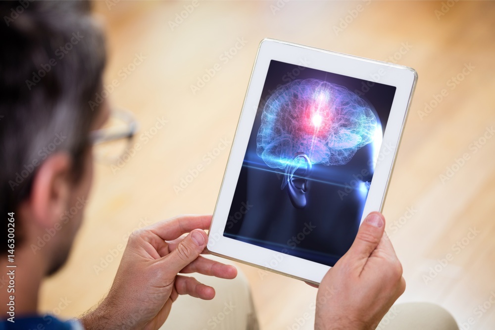 Poster man using tablet for science