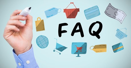 Hand with marker and faq doodles against blue background