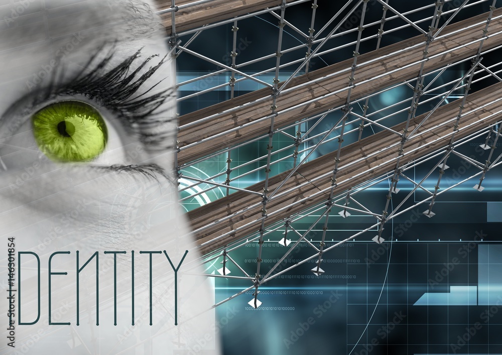 Poster identity text with 3d scaffolding and eye over interface