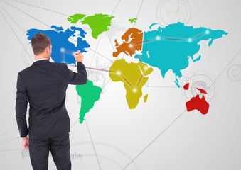 Businessman drawing on Colorful Map with Connector background