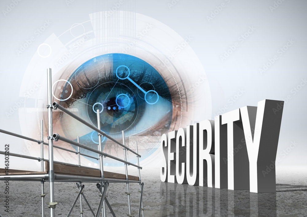 Poster security text with 3d scaffolding and eye technology interface