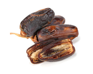 Group of delicious dates laying, dried date palm, The raisin isolated on white background.