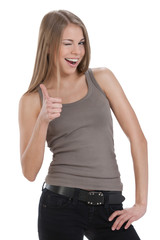 Fototapeta premium Beautiful young girl in a beige t-shirt