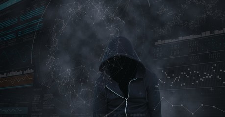 Digital composite image of hacker with screen