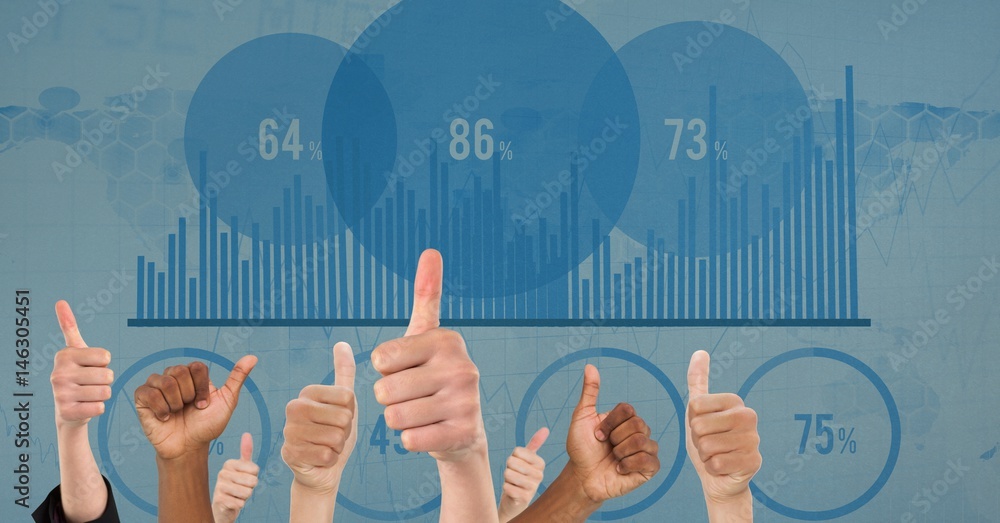 Poster hands showing thumbs up with graph and numbers in background