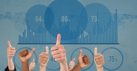 Fototapeta na wymiar Hands showing thumbs up with graph and numbers in background