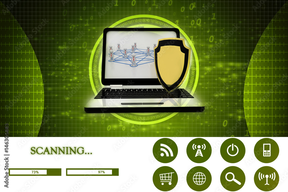 Poster 3d rendering laptop with shield