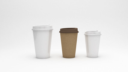 white and brown cardboard coffee cups on white background, ecology concept, 3d illustration.