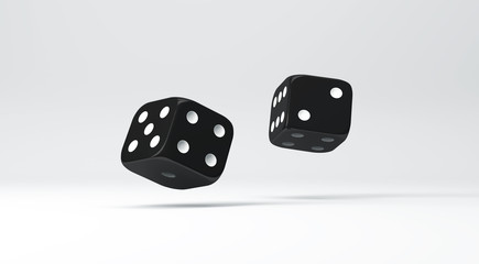 Casino theme. Composition of two black dices on light background, 3d illustration.