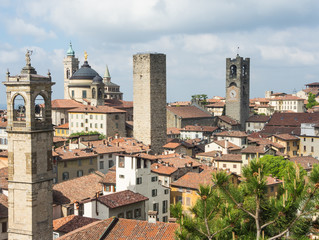 Bergamo - Old city (Città Alta), Italy. Landscape on the city center, the old towers and the clock towers from the old fortress