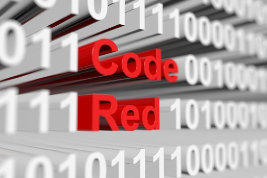 Code Red in the form of a binary code with blurred background 3D illustration