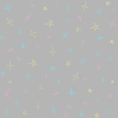Fototapeta na wymiar Cute stars hand drawn in doodle style made with ink pen. Tender abstract pattern in pastel colors on grey background. Perfect for fabrics, tissue, textile or paper design.
