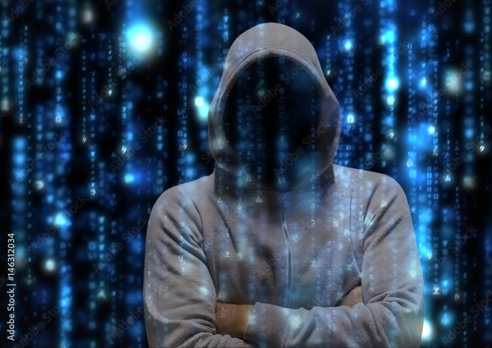 Poster grey jumper hacker with his hands folded