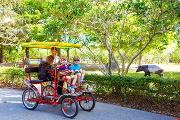 Fototapeta na wymiar dad and two little kid boys biking on bicycle in zoo with animal