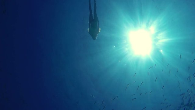 Underwater GoPro shots, a person swimming on the water surface with sun leaks