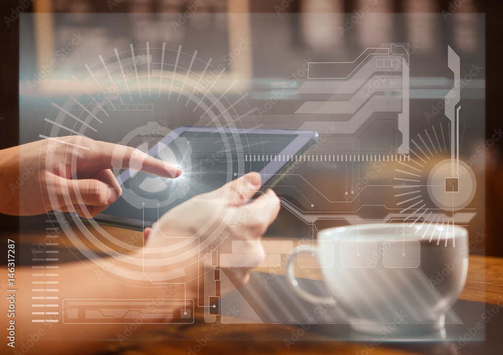 Aufkleber hands with tablet in cafe and white interface overlay with flare