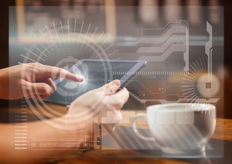 Hands with tablet in cafe and white interface overlay with flare