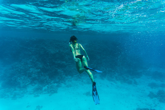 Underwater photo of woman snorkeling and free diving in a clear tropical water at coral reef