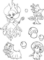 Illustration of funny cartoon garden fantasy characters, fairies, mushrooms, caterpillar