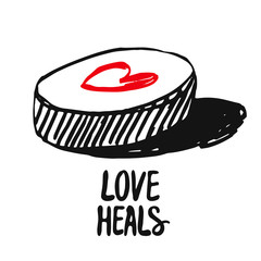 Love Heals Handwritten calligraphic Poster. Graphic hand Drawn Medical Tablet with a Heart made with ink brush pen.