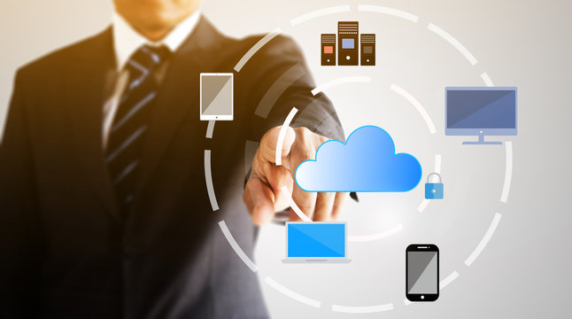 Businessman connecting to cloud network technology concept background