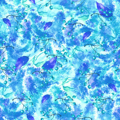 Watercolor seamless pattern. With an abstract pattern, a vegetable pattern, leaves, branches and flowers. Of blue color.