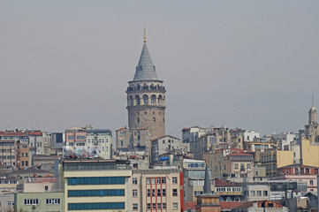 Fototapeta na wymiar Galata Tower. View of the Galata Tower. Beyoglu. Types of Istanbul. View of Istanbul from the water, from the Bosphorus. City landscape.