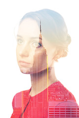 Double exposure portrait of woman and New York City skyline