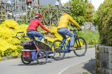Fototapeta na wymiar mit dem Buggy am E-Bike in den Frühling