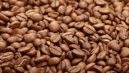 Roasted Arabica coffee beans background low angle