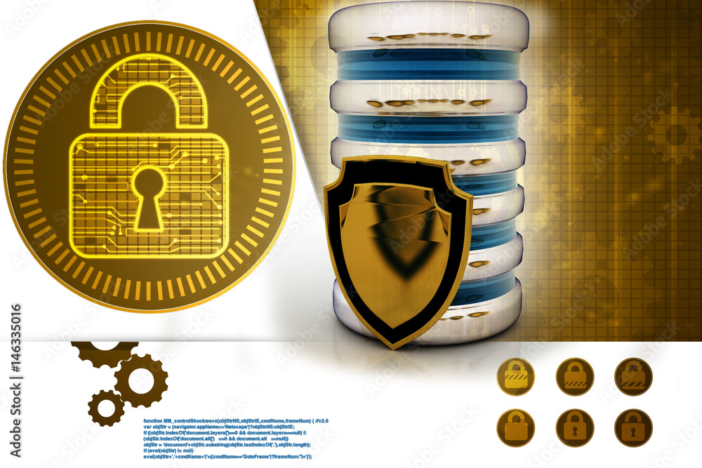 Poster 3d rendering database storage data base with protected shield