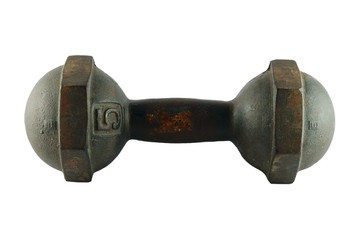 Five kilogram old rusty dumbbell isolated on white background