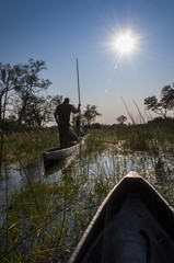 People in mokoro canoes in the Okavango Delta, Botswana; Concept for travel in Africa and Safari