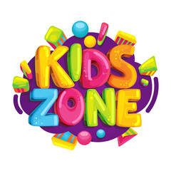 Kids zone vector cartoon logo. Colorful bubble letters for children's playroom decoration. Inscription on isolated background