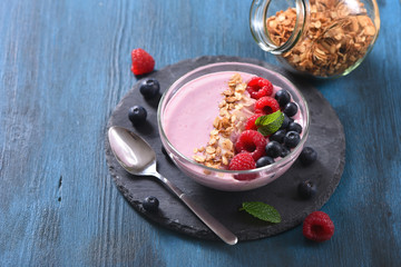 Smoothie bowl,  smoothie with berries, healthy breakfast, vegan vitamin snack