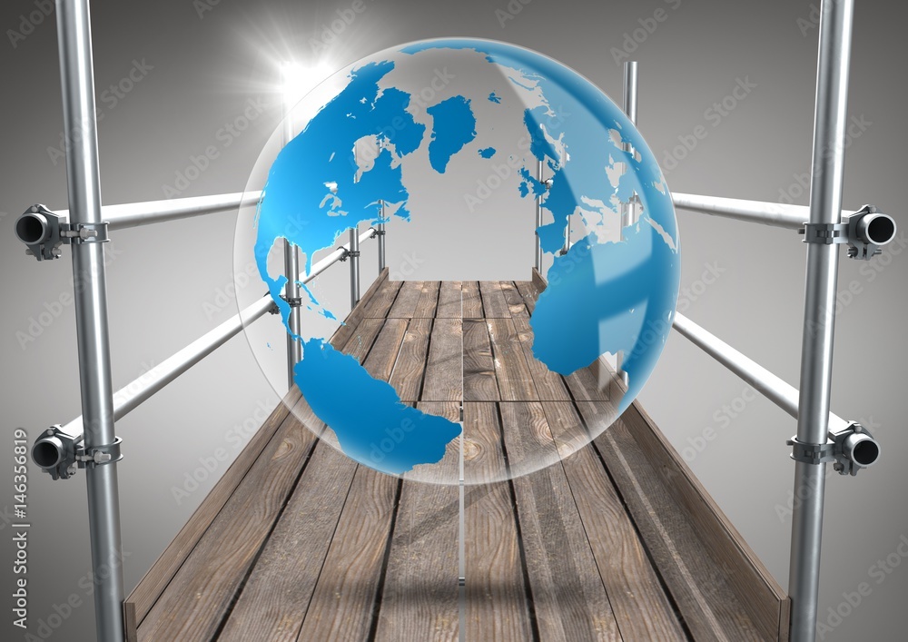 Poster globe with flare on scaffolding against grey background