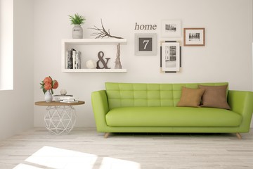 White modern room with sofa. Scandinavian interior design. 3D illustration