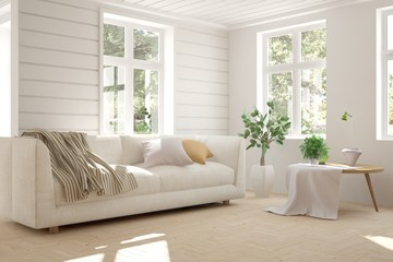White room with sofa and green landscape in window. Scandinavian interior design. 3D illustration