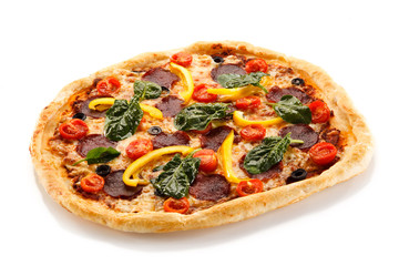 Pizza pepperoni with spinach isolated