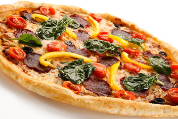 Pizza pepperoni with spinach isolated