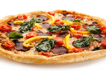 Pizza pepperoni with spinach isolated