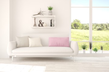 White room with sofa and green landscape in window. Scandinavian interior design. 3D illustration