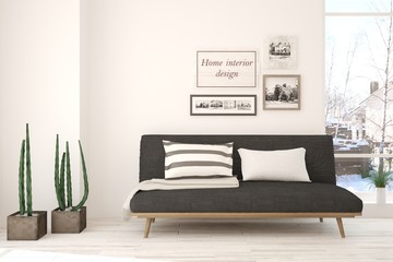 White modern room with sofa. Scandinavian interior design. 3D illustration