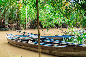 Boats on the Mekong River estuary in Vietnam