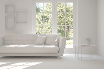 White room with sofa and green landscape in window. Scandinavian interior design. 3D illustration